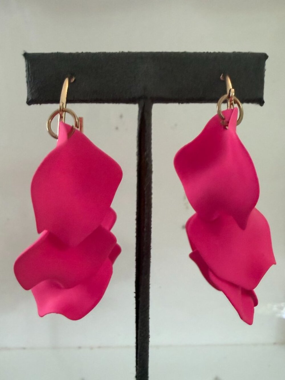 Gold Tone Hoop Earrings with Oversized Hot Pink Acrylic Flower Petals